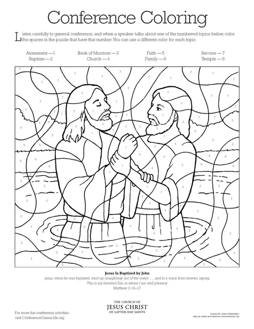 A coloring page of the scene of Jesus being baptized by John, in the format of a puzzle.