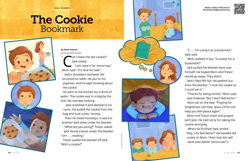 Comic-style story PDF of a boy taking a cookie and hiding in his bed to eat it 