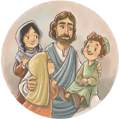 Three (3) spot illustrations of Jesus.  1. Zacchaeus in the tree and Jesus looking up at him. 2. Christ with two or 3 Biblical-era kids. 3. Christ and the woman with a container of oil BEFORE she starts the process of wiping his feet with her hair.  Three spot illustrations of children following Christ's teachings. 1. Child sees another child eating alone, the boy is East Asian and the girl is Hispanic. 2. Child invites another child to play. Both children are of African heritage. 3. Child speaking kindly to a bullied child. Children are Caucasian.