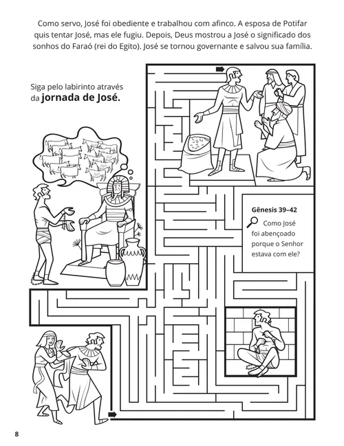 Página em PDF para colorir com cenas da vida de José no Egito e uma atividade de labirinto