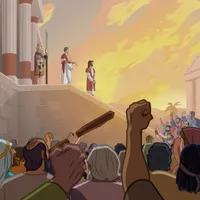 Jesus and Pilate stand in front of the crowd.