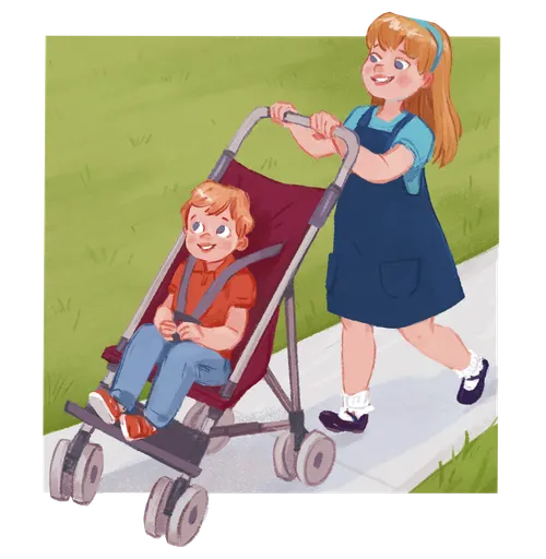 girl pushing young boy in stroller