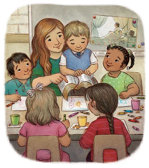 woman teaching primary children