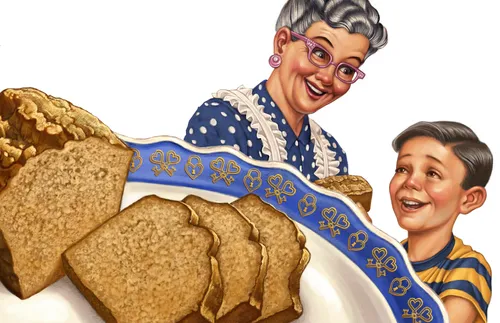 grandmother handing grandson a piece of bread