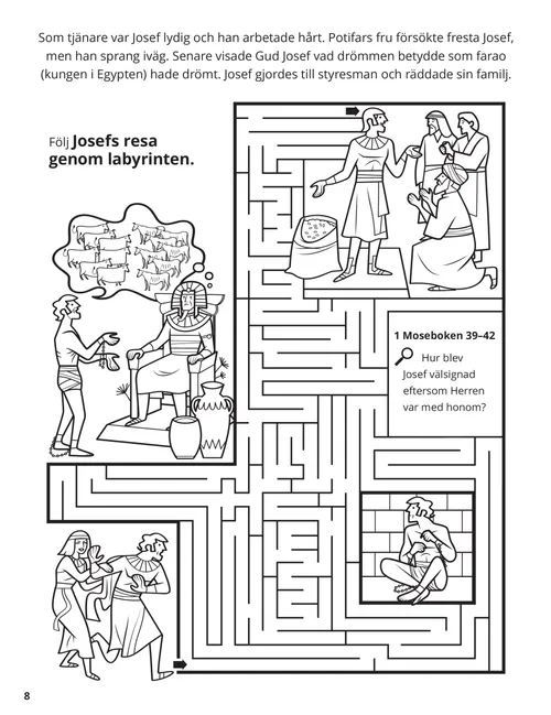 Färgläggnings-pdf med scener från Josefs liv i Egypten, plus en labyrintaktivitet.