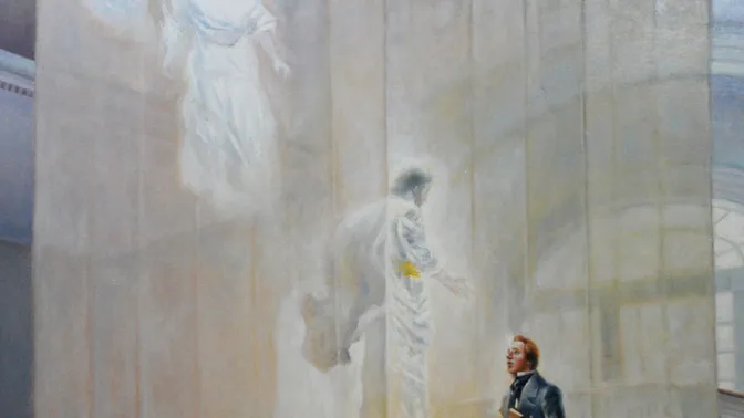 Painting depicts heavenly messengers descending in Kirtland Temple to Joseph Smith.