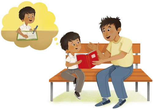 boy reading journal with his dad