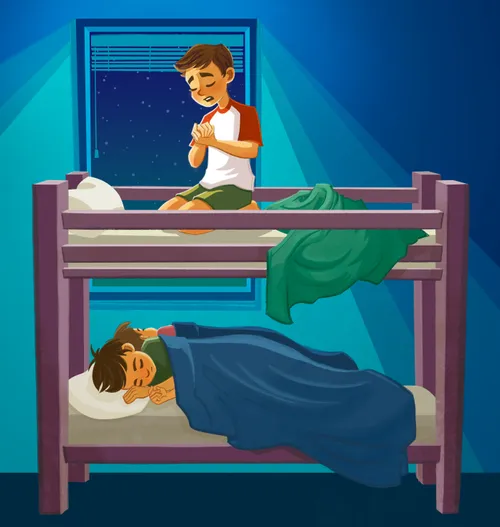 boy kneeling and praying on bunkbed