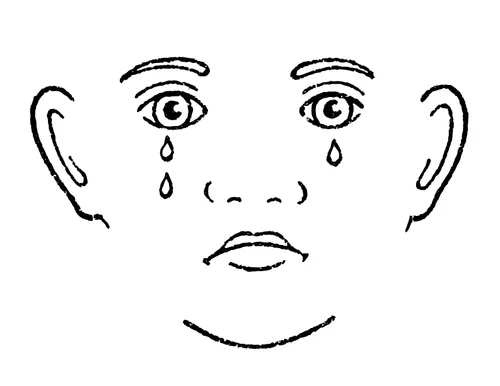 A black-and-white illustration of a face with a frown and several tears falling down from the eyes.