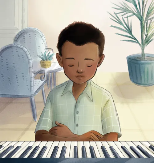 Image of a boy sitting at a piano and praying