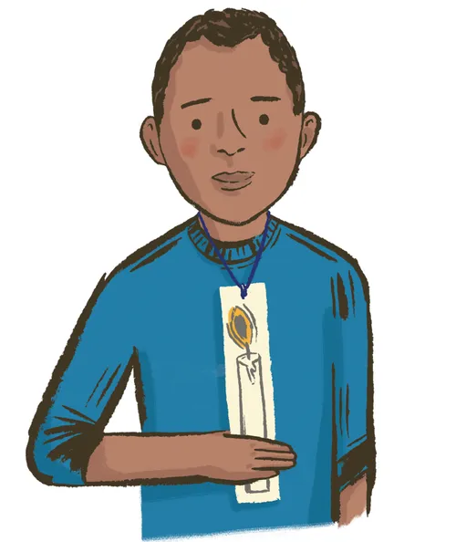 boy wearing a candle necklace