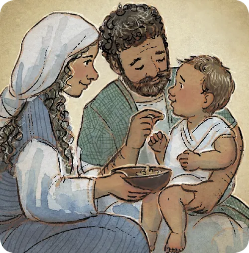 Mary and Joseph feeding young Jesus