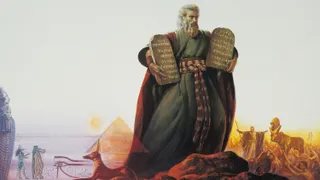 Mural depicting prophets and events from the Old Testament and the Book of Mormon.  This part of the mural depicts Moses holding the stones of the Ten Commandments.  The Israelites can be seen in the background with the golden calf.
