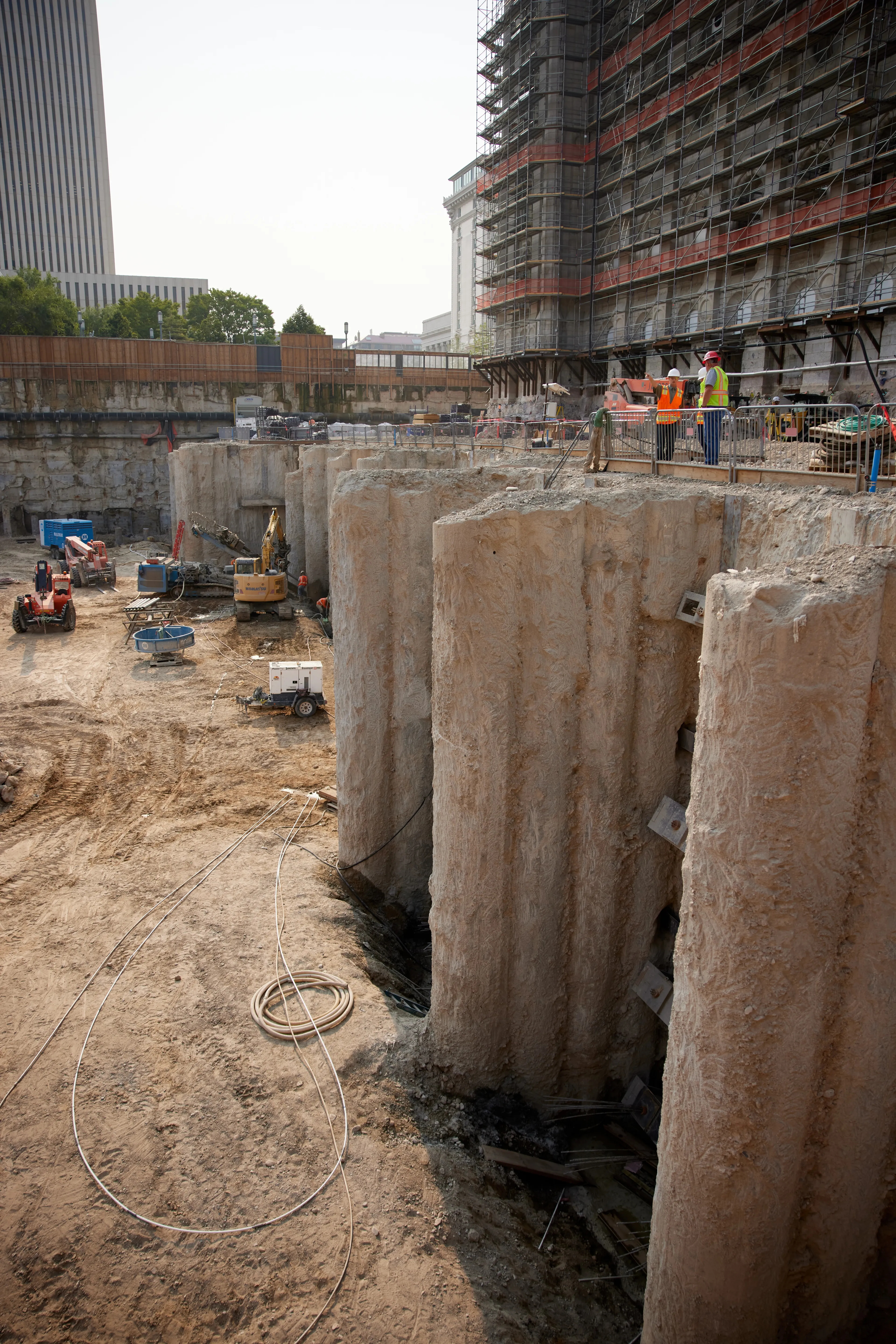Excavation has reached 45 feet below street level on the Salt Lake Temple renovation project. Twenty more feet of soil will be removed before construction begins on the three-level underground north addition.