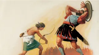 The boy David (from the Old Testament) is bent over with his slingshot in his left hand. Goliath, in full armor, is falling back as the stone hits him. The army can be seen in the background.