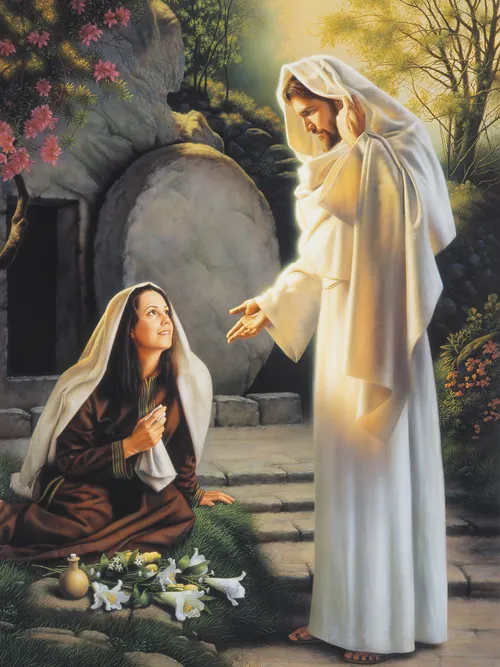 The scripture from John 20:15-16 is depicted where the resurrected Christ asks Mary Magdalene "Why weepest thou?"