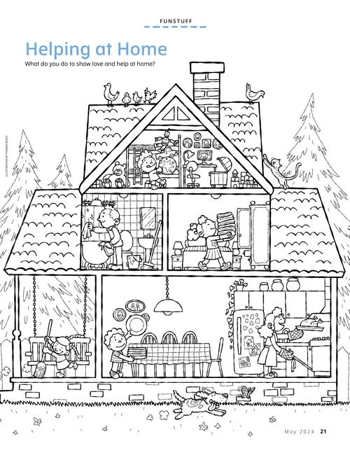 Coloring page PDF of family members doing differrent chores in a home