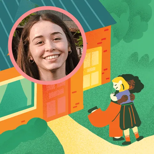 young woman; girls hugging