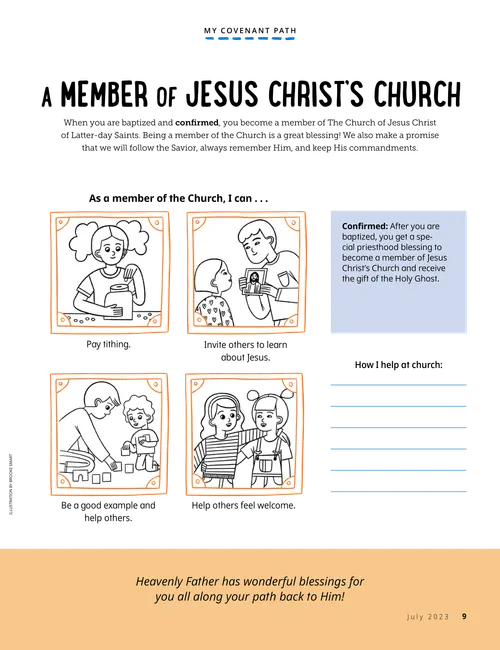 Children paying tithing, learning in church, and helping others