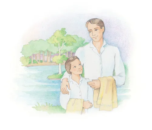 A watercolor illustration of a boy and his father on the boy’s baptism day, standing by a river in white clothing and holding towels.