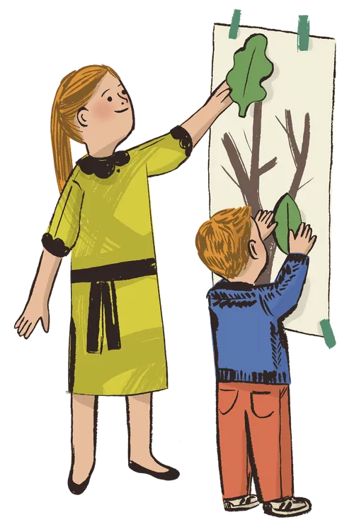 A girl and boy putting leaves on a drawing of a tree