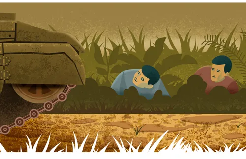 two men watching a tank roll by