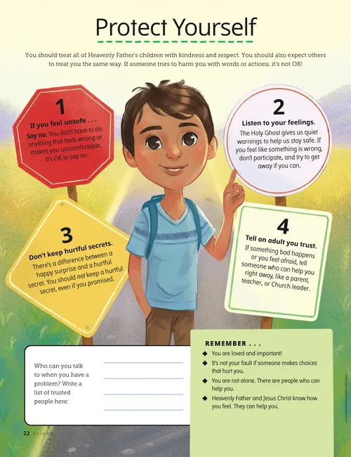 Page PDF with illustration of a boy pointing at different road signs