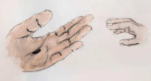 Child’s drawing of Jesus Christ’s hand reaching for a child’s hand