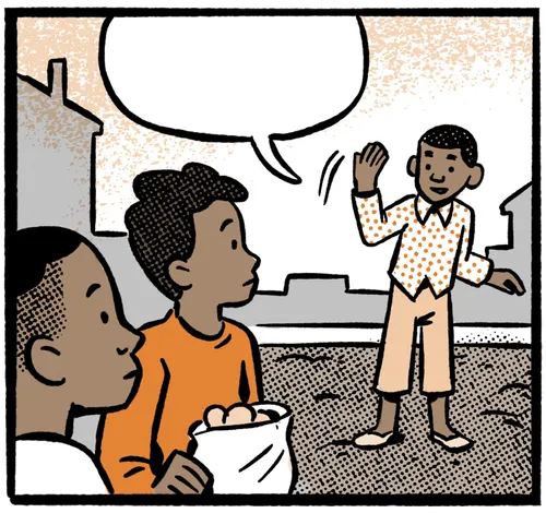 Boy waving two boys over to him