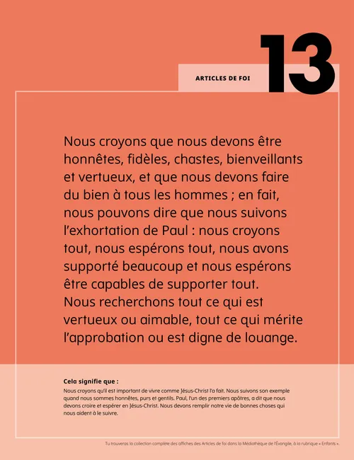 Une affiche du treizième article de foi avec une explication.