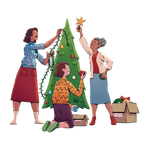 sister missionaries decorating a Christmas tree with a woman