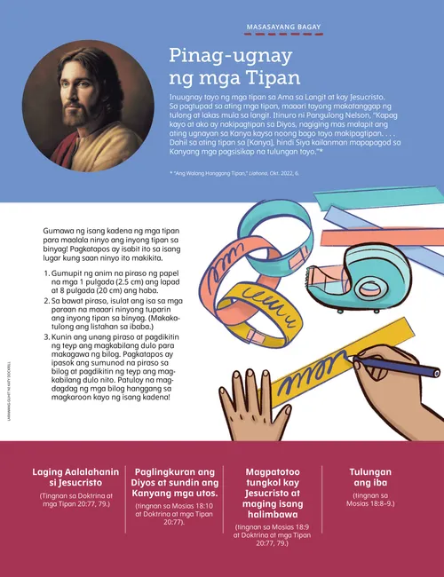 Pahina ng PDF na may paglalarawan kay Jesucristo, at paglalarawan ng mga kamay na nagsusulat sa mga piraso ng papel