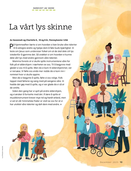 PDF-side med illustrasjon av to jenter som spiller strengeinstrumenter for folk på sykehjem