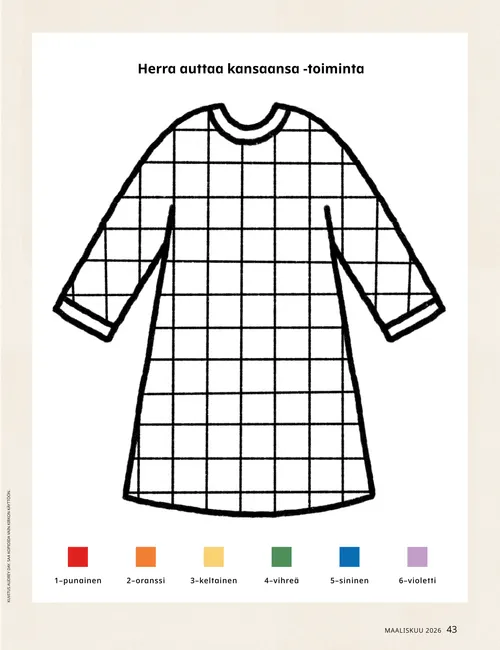 Kuva Joosefin värikkäästä puvusta sekä väritystehtävä puvun värittämiseksi