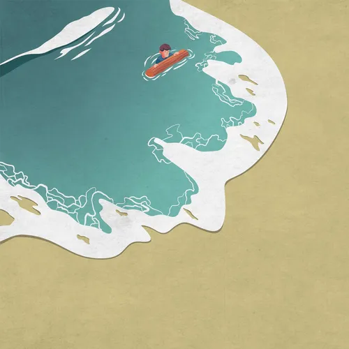 illustration of a man clinging to a wooden log in a body of water