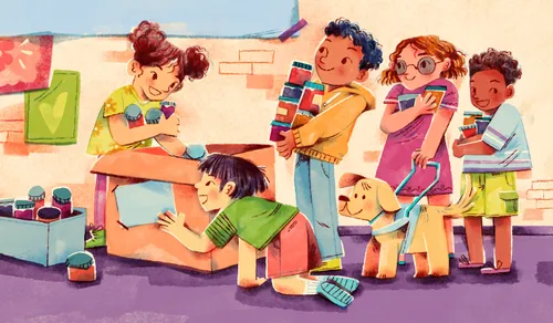Illustration of a group of kids putting jars of jelly into a cardboard box