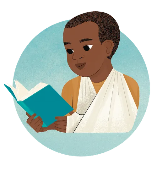 Illustration of boy reading the scriptures with his arm in a sling