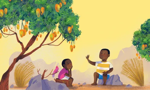 Deux garçons assis sous un manguier