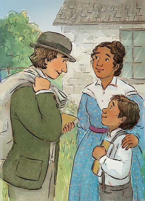 missionary speaking to woman and child