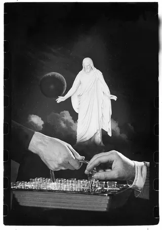 Partaking of sacrament, Christus in background