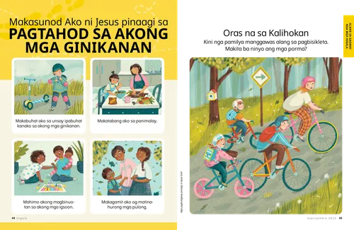 PDF nga pahina nga adunay mga paghulagway sa kabataan nga nagsakay og scooter nga may helmet, nagtabang og andam sa pagkaon, nagdula og board game uban sa pamilya, ug naglakawlakaw sa gawas uban sa mga ginikanan; dugang pa usa ka kalihokan sa pagpangita og mga porma sa hulagway sa usa ka pamilya sakay sa bisikleta