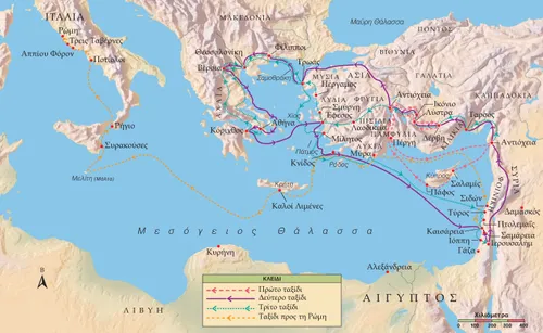 χάρτης των ιεραποστολικών ταξιδίων του Παύλου