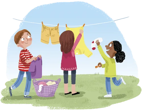 modern children helping hang up laundry