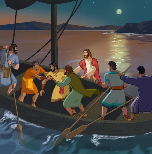 Jesus and Peter get back in the boat.