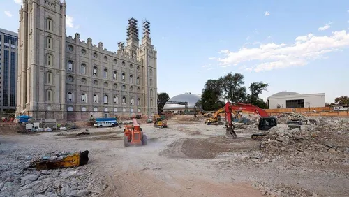 Construction on the Salt Lake Temple during August, 2020.  Do Not Copy.