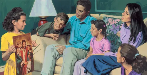 family looking at picture of Jesus
