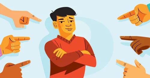 young man with fingers pointed at him