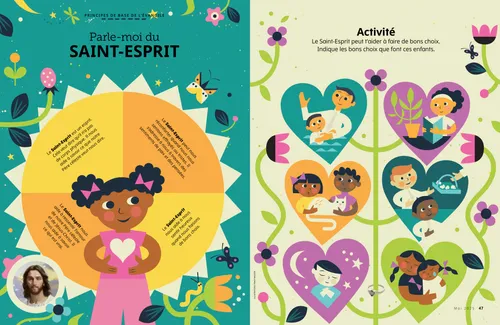 Jésus-Christ et une illustration d’une fillette avec un cœur sur son haut, ainsi qu’une activité sur les bons choix