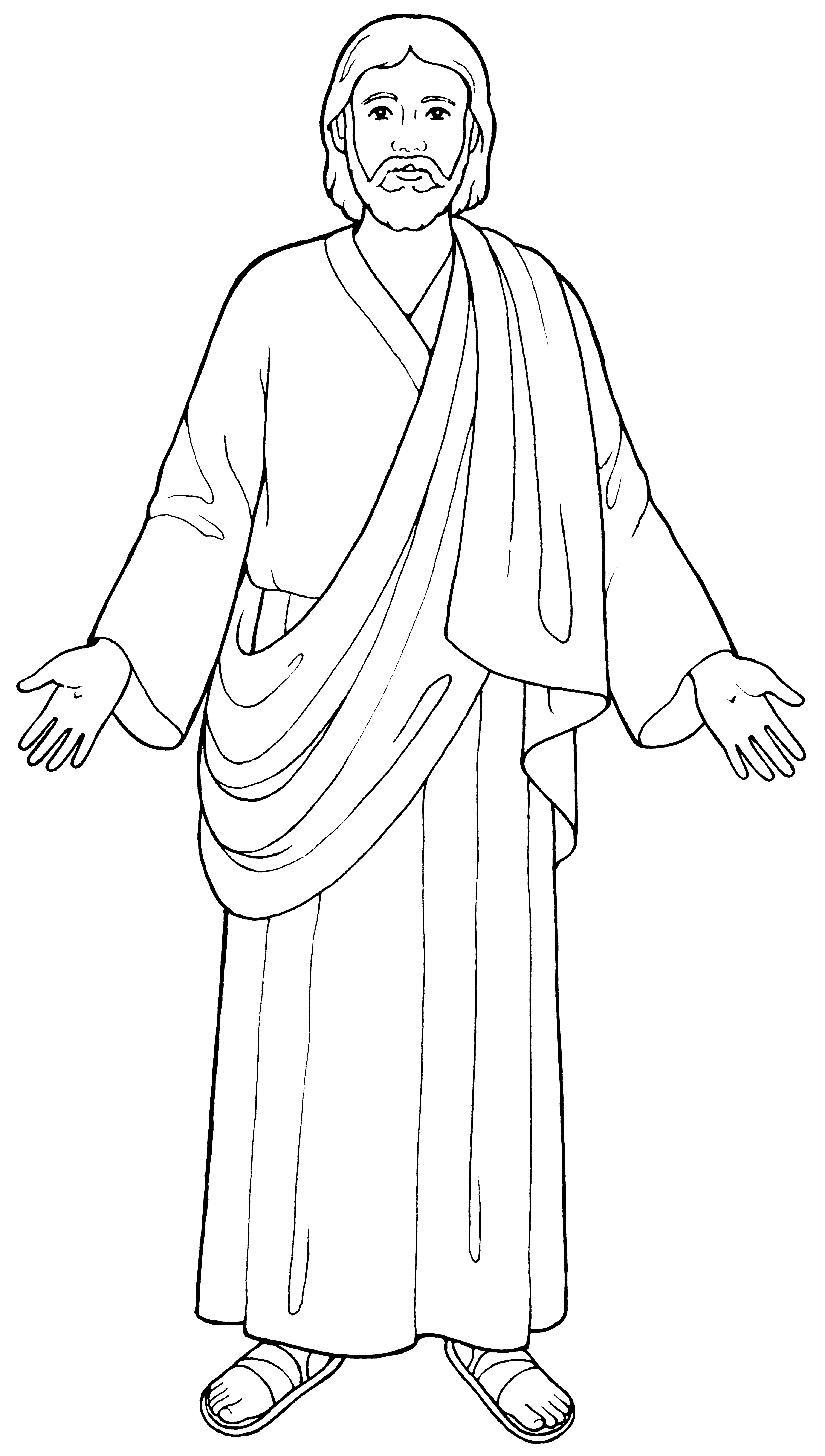 Art depicting Jesus with his arms outstretched with the prints of the nails embedded in his hands.