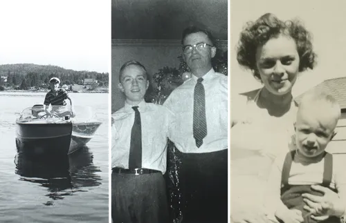 John Gaetz on a boat and with his father and mother